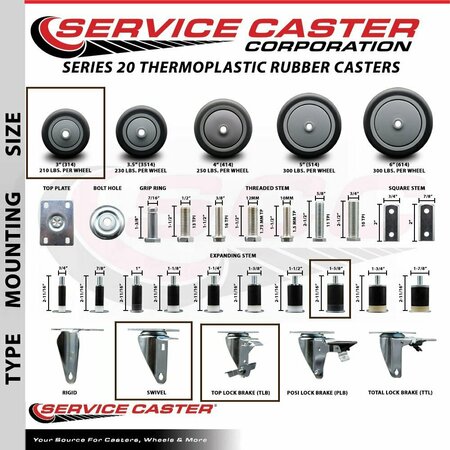 Service Caster 3'' SS Thermoplastic Rubber Wheel Swivel 1-5/8'' Expanding Stem Caster Set 2 Brakes, 4PK SCC-SSEX20S314-TPRB-2-TLB-2-158